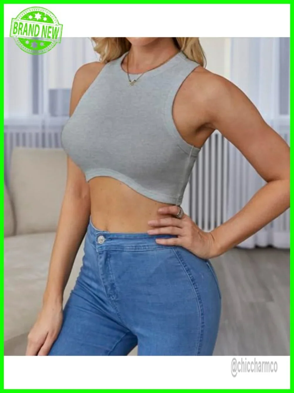Ribbed Knit Sleeveless Crew Neck Racerback Cropped Tank Top